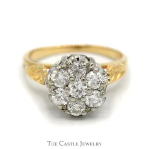 1cttw 7 Round Diamond Cluster Ring with Leaf Designed Sides in 14k Yellow Gold