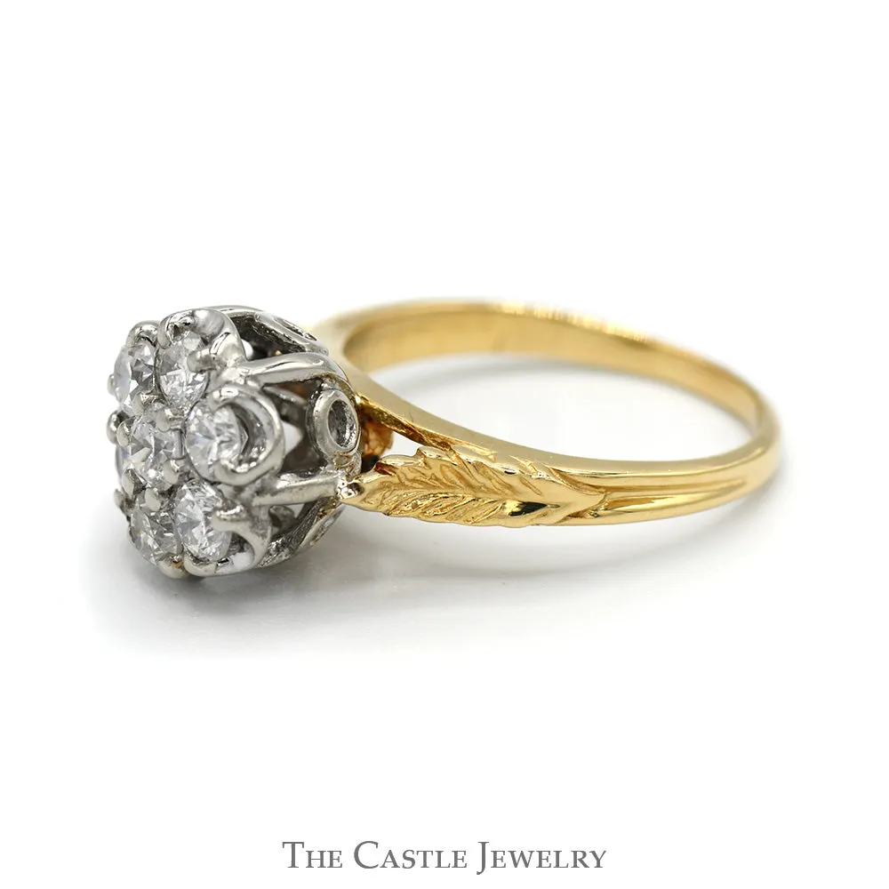 1cttw 7 Round Diamond Cluster Ring with Leaf Designed Sides in 14k Yellow Gold