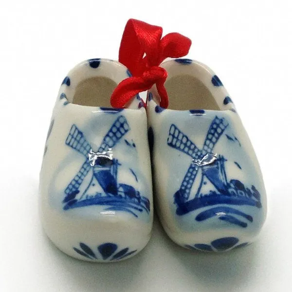 Delft Blue Wooden Shoes Pair with Windmill Design