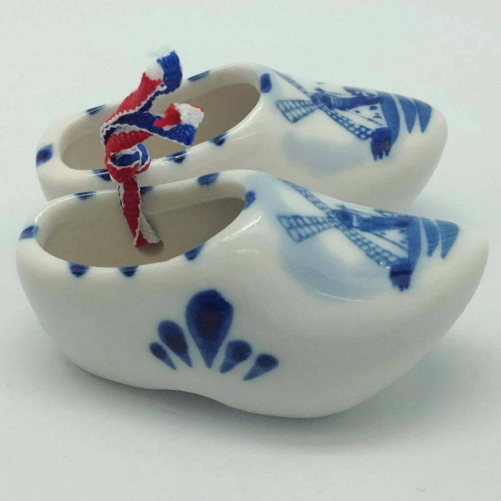 Delft Blue Wooden Shoes Pair with Windmill Design