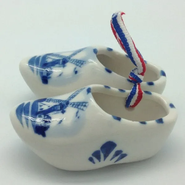 Delft Blue Wooden Shoes Pair with Windmill Design