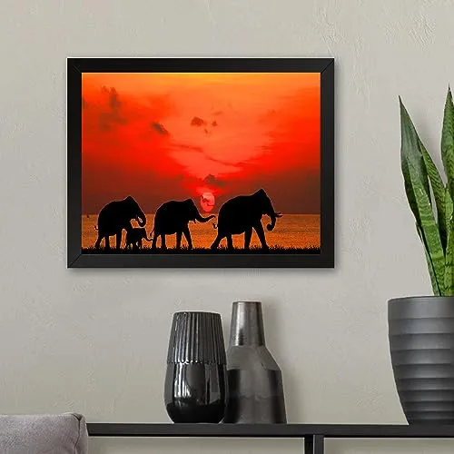 GADGETS WRAP Printed Photo Frame Matte Painting for Home Office Studio Living Room Decoration (11x9inch Black Framed) - C Elephants Walking At Sunset