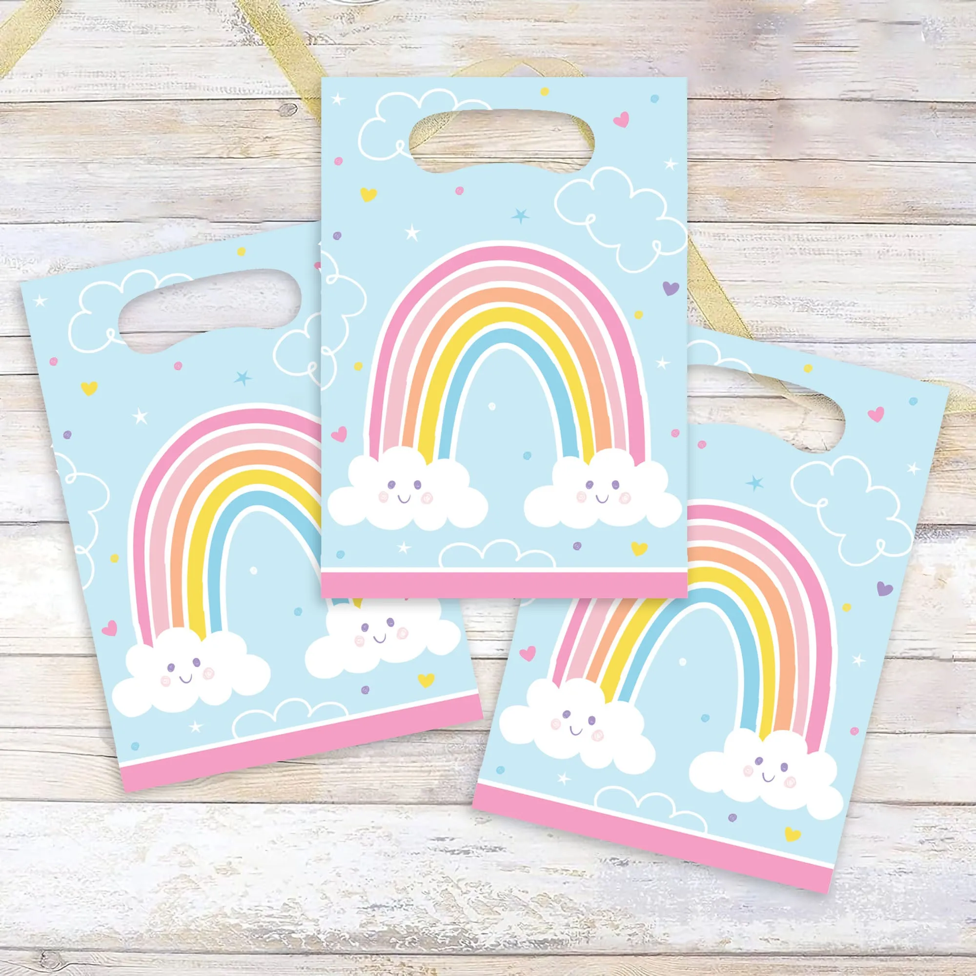 Happy Rainbow Birthday Party Plastic Loot Bags & Party Favor Bags, 9 Inch Size, 16 Count