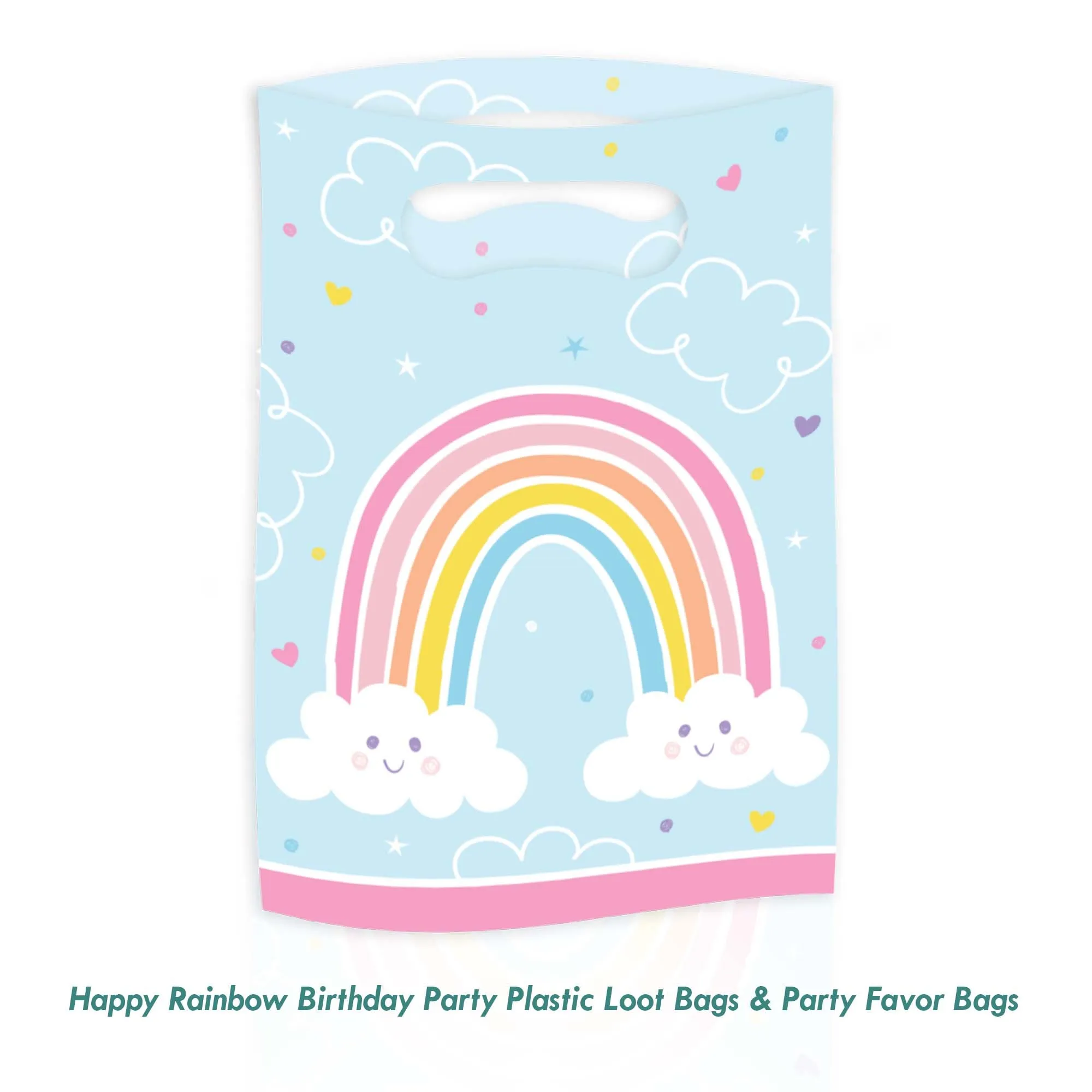 Happy Rainbow Birthday Party Plastic Loot Bags & Party Favor Bags, 9 Inch Size, 16 Count