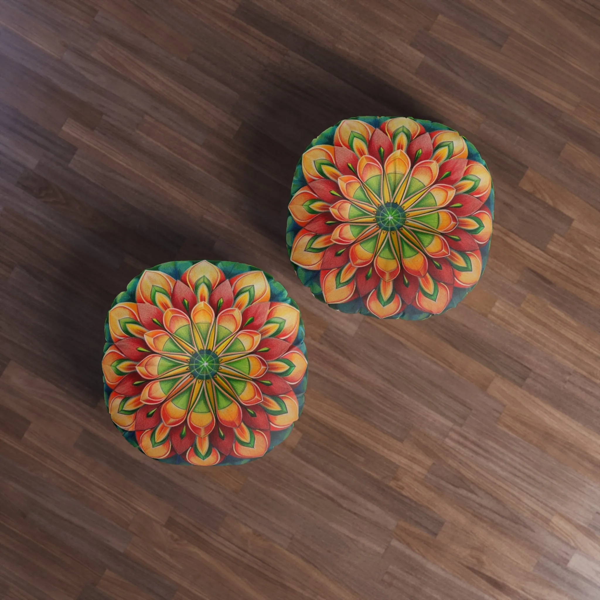 Mandala Art Design Green Red Floor Cushion - Round