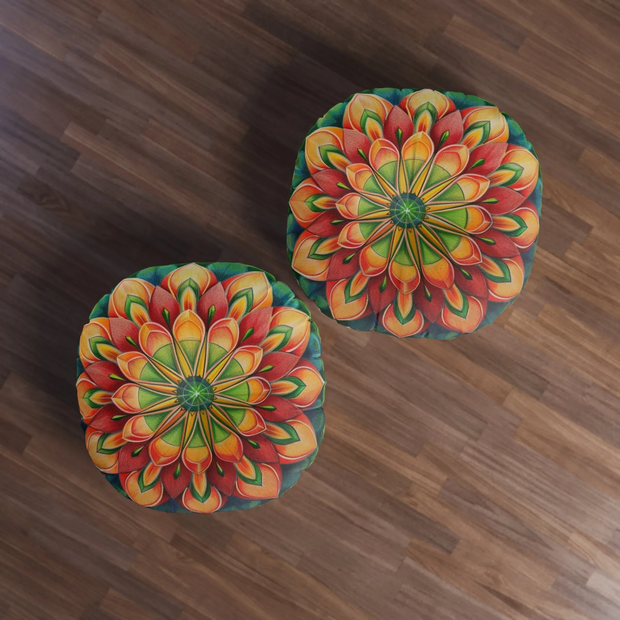 Mandala Art Design Green Red Floor Cushion - Round