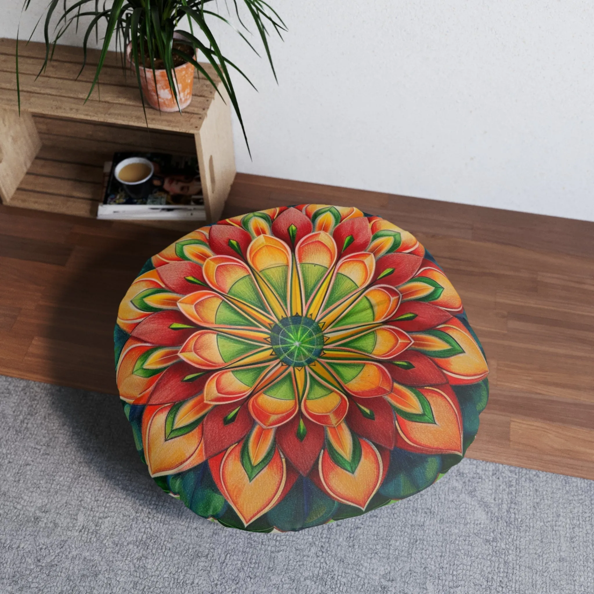 Mandala Art Design Green Red Floor Cushion - Round