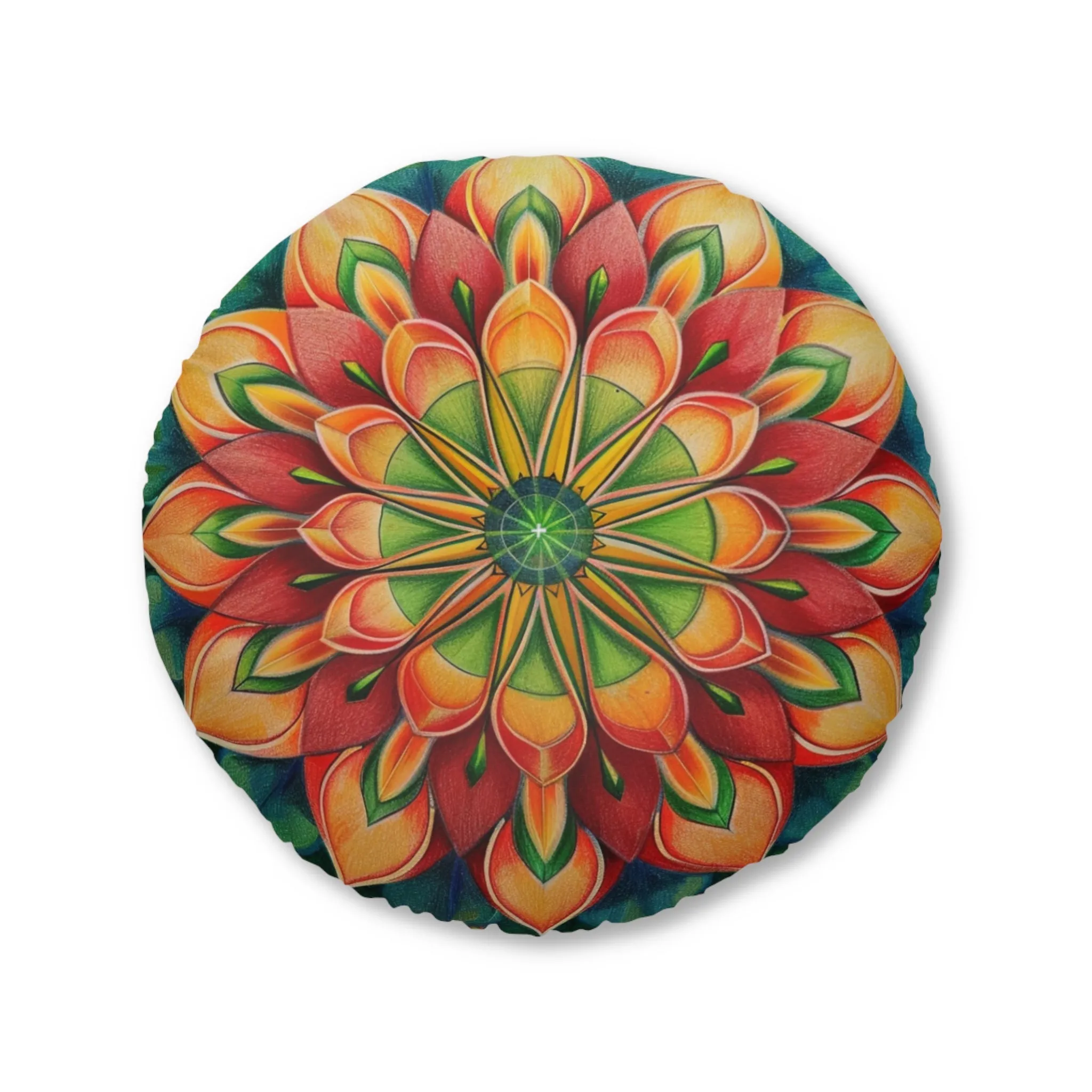 Mandala Art Design Green Red Floor Cushion - Round