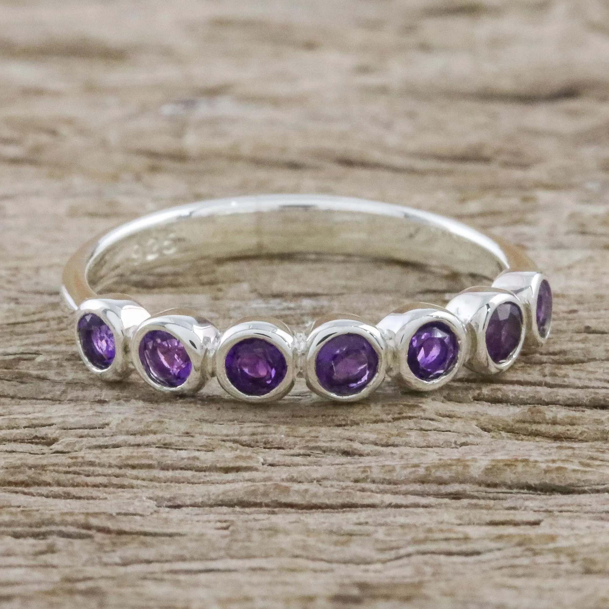 Modern Sterling Silver and Amethyst Anniversary Ring - Garland of Joy | NOVICA