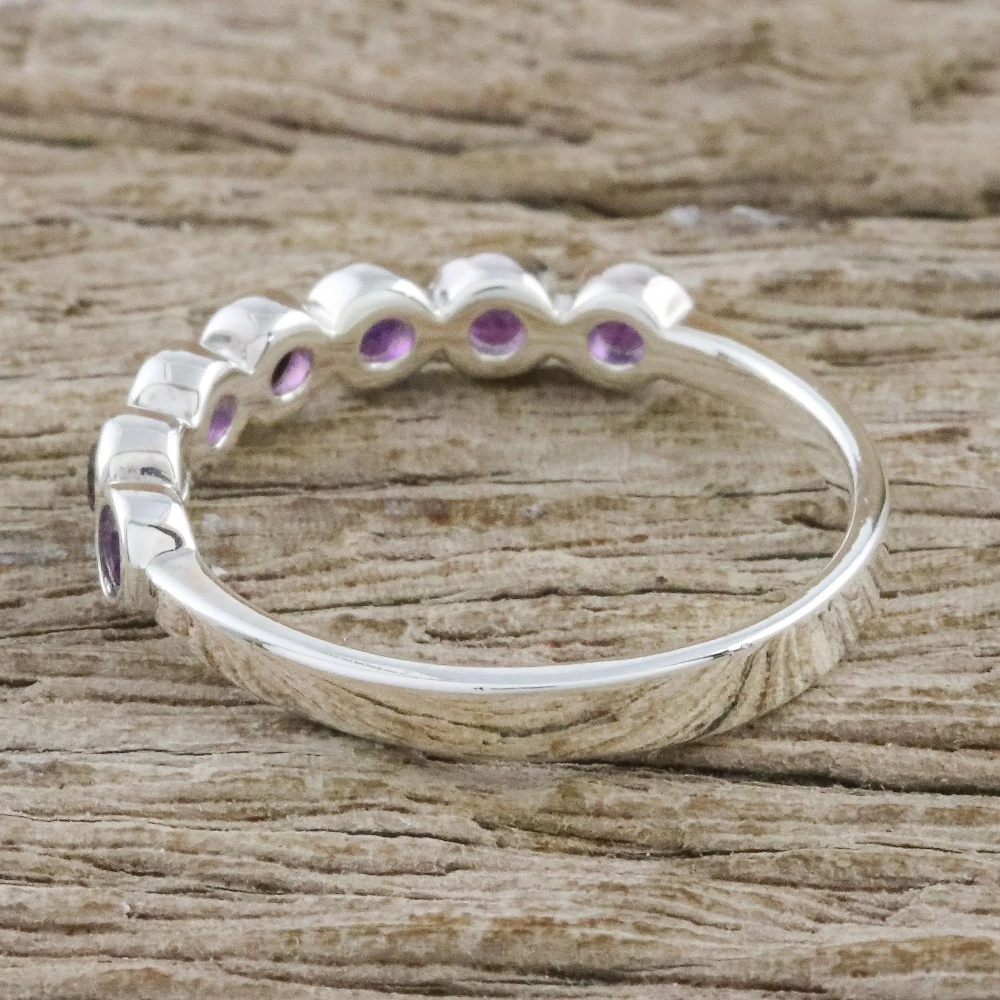 Modern Sterling Silver and Amethyst Anniversary Ring - Garland of Joy | NOVICA