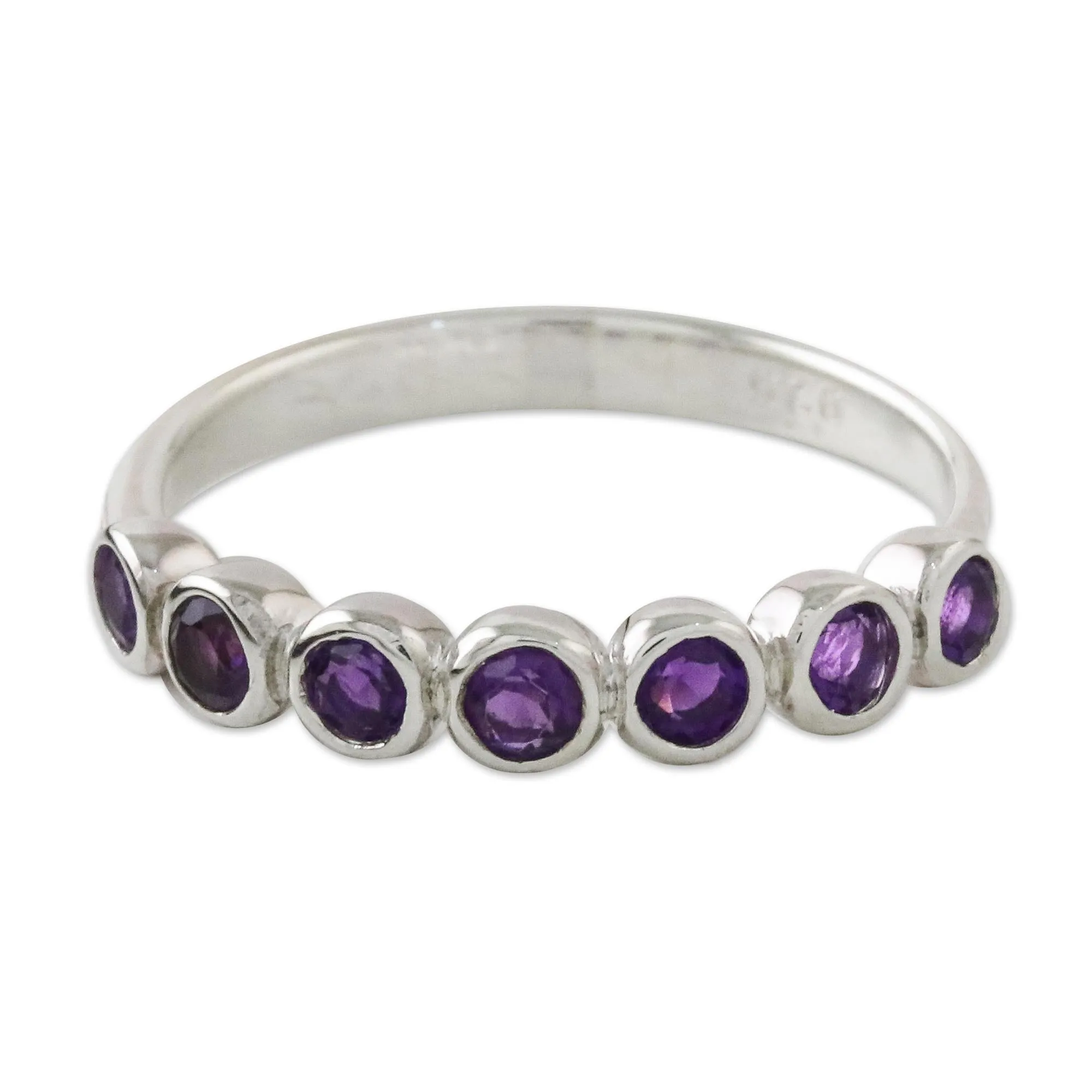 Modern Sterling Silver and Amethyst Anniversary Ring - Garland of Joy | NOVICA