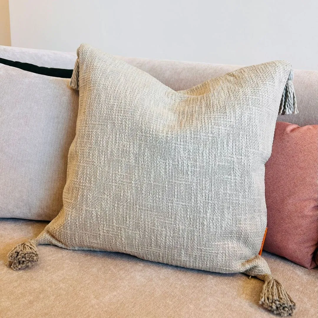 Olive Grey Cotton Throw cushion with Tassels 45 x 45 cm - Two Pieces