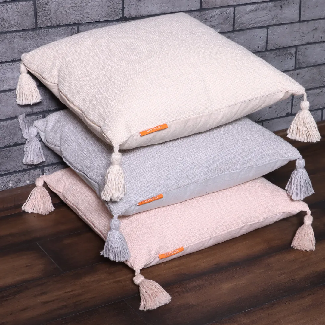 Olive Grey Cotton Throw cushion with Tassels 45 x 45 cm - Two Pieces