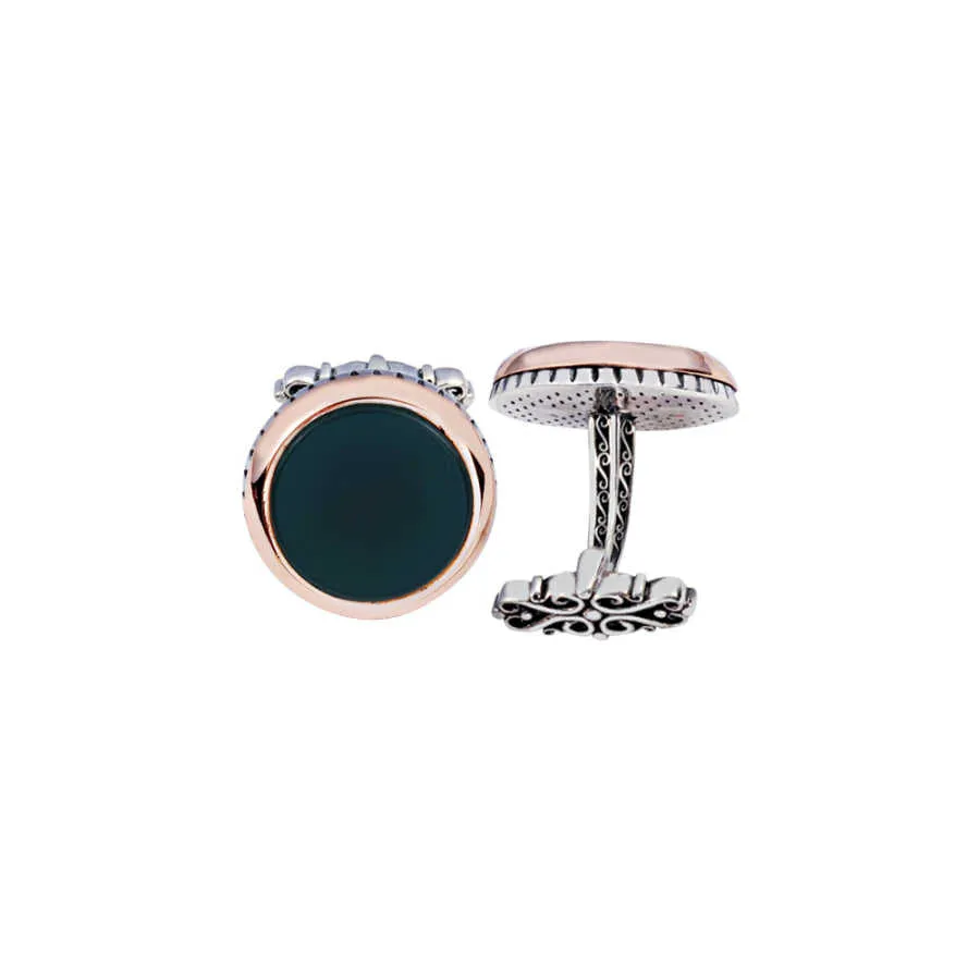 Silver Green Agate Stone Round Cufflink