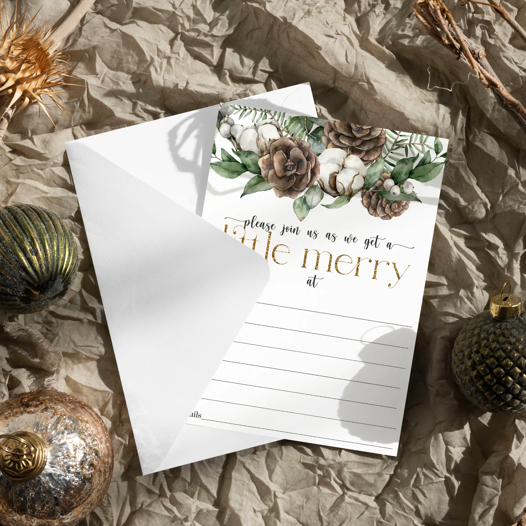 Winter Pine Christmas Party Invites - Rustic Greenery, 25ct, 5x7