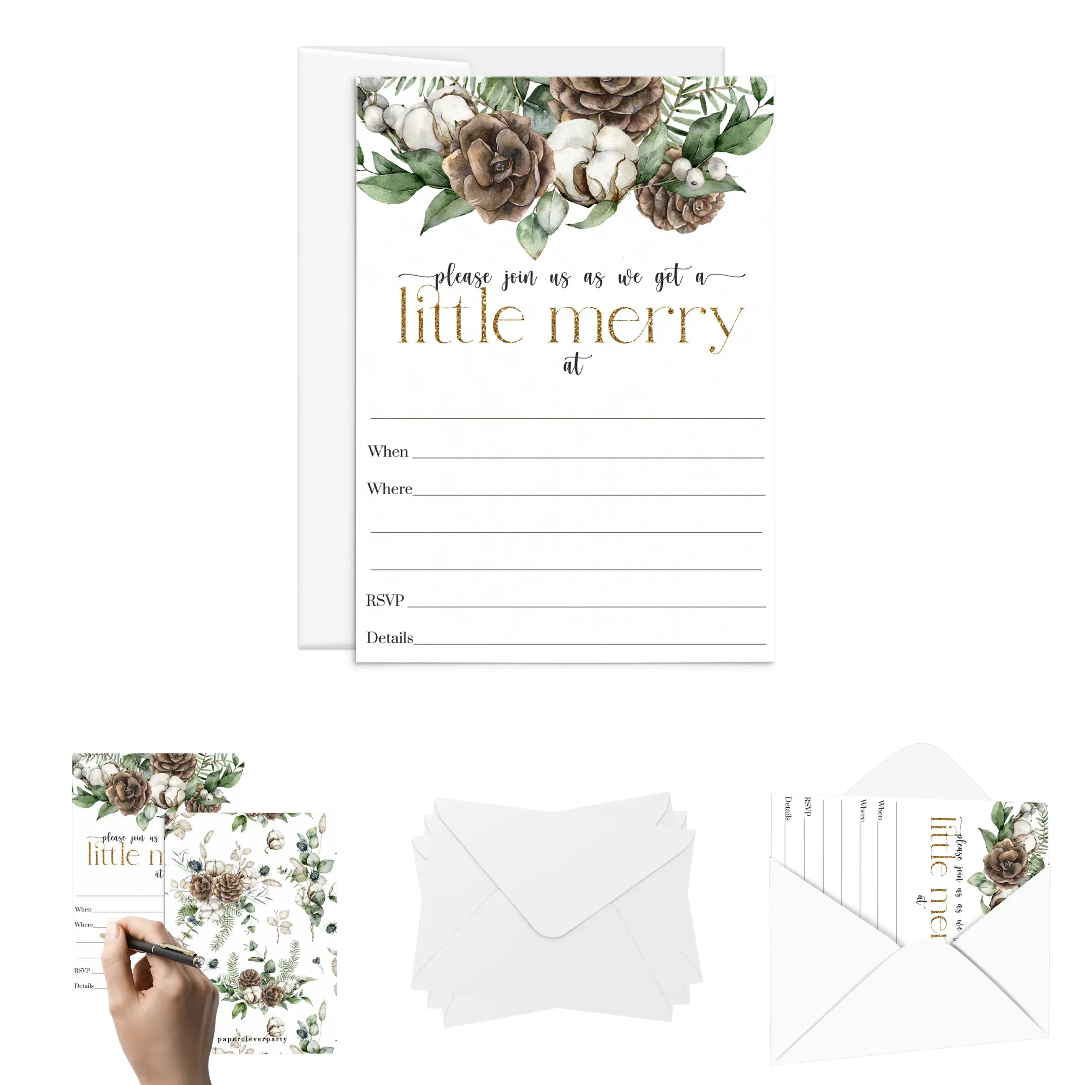 Winter Pine Christmas Party Invites - Rustic Greenery, 25ct, 5x7