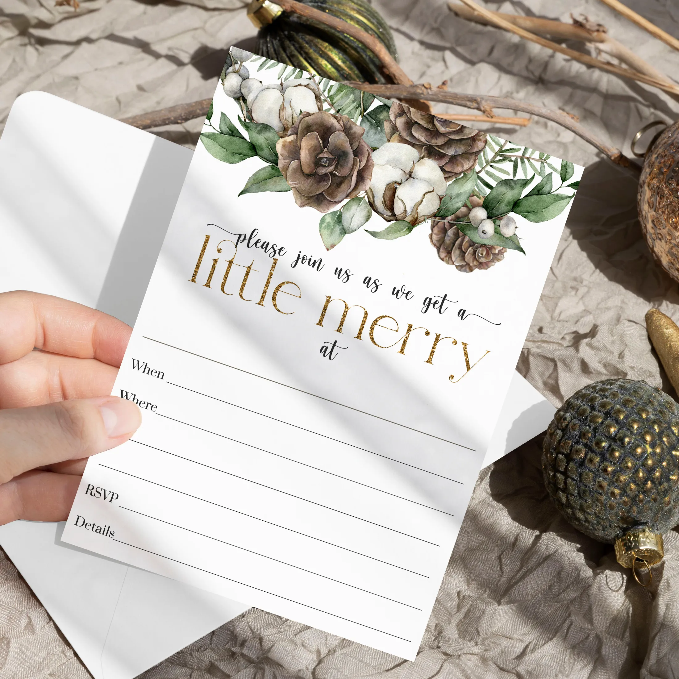 Winter Pine Christmas Party Invites - Rustic Greenery, 25ct, 5x7